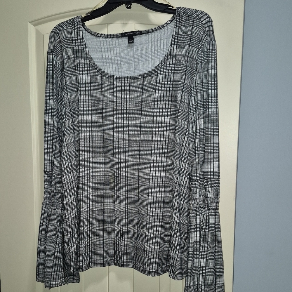 Women's Black and White Plaid Top With Bell Sleeves
